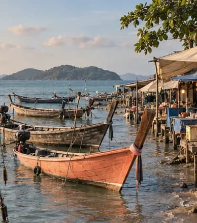 Longtail boats moored in a shallow bay, islands on the horizon, seafood stalls on the shore