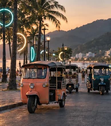 A beach promenade at dusk with abstract neon shapes, tuk-tuks and hills behind