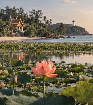 A lake with lotus beside a beach, a small temple roof among trees, a lighthouse on the distant cape