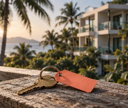 A small modern low-rise condo among palms, a house key on a ring in the foreground