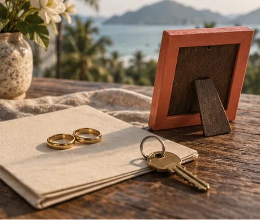 Two wedding rings on a folded document beside a key and a picture frame turned face down