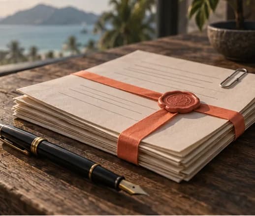 A stack of documents tied with a ribbon and a red seal, a fountain pen and a page held by a paper clip