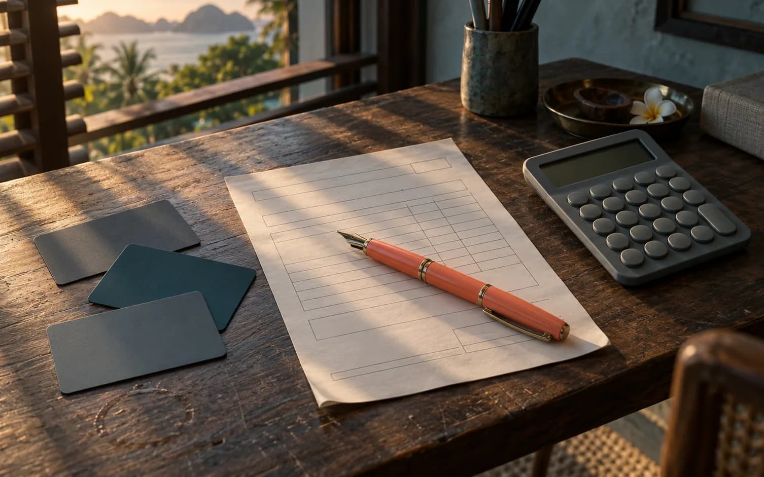 Bank cards face down, a payment order, a calculator and a coral pen on a desk