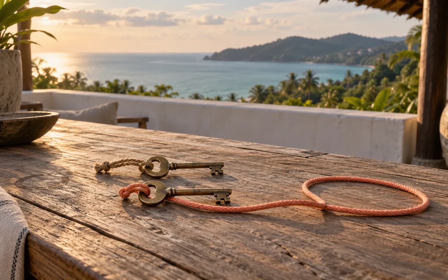 Two keys on a teak table, one on a short coral cord, one on a long cord, sea behind