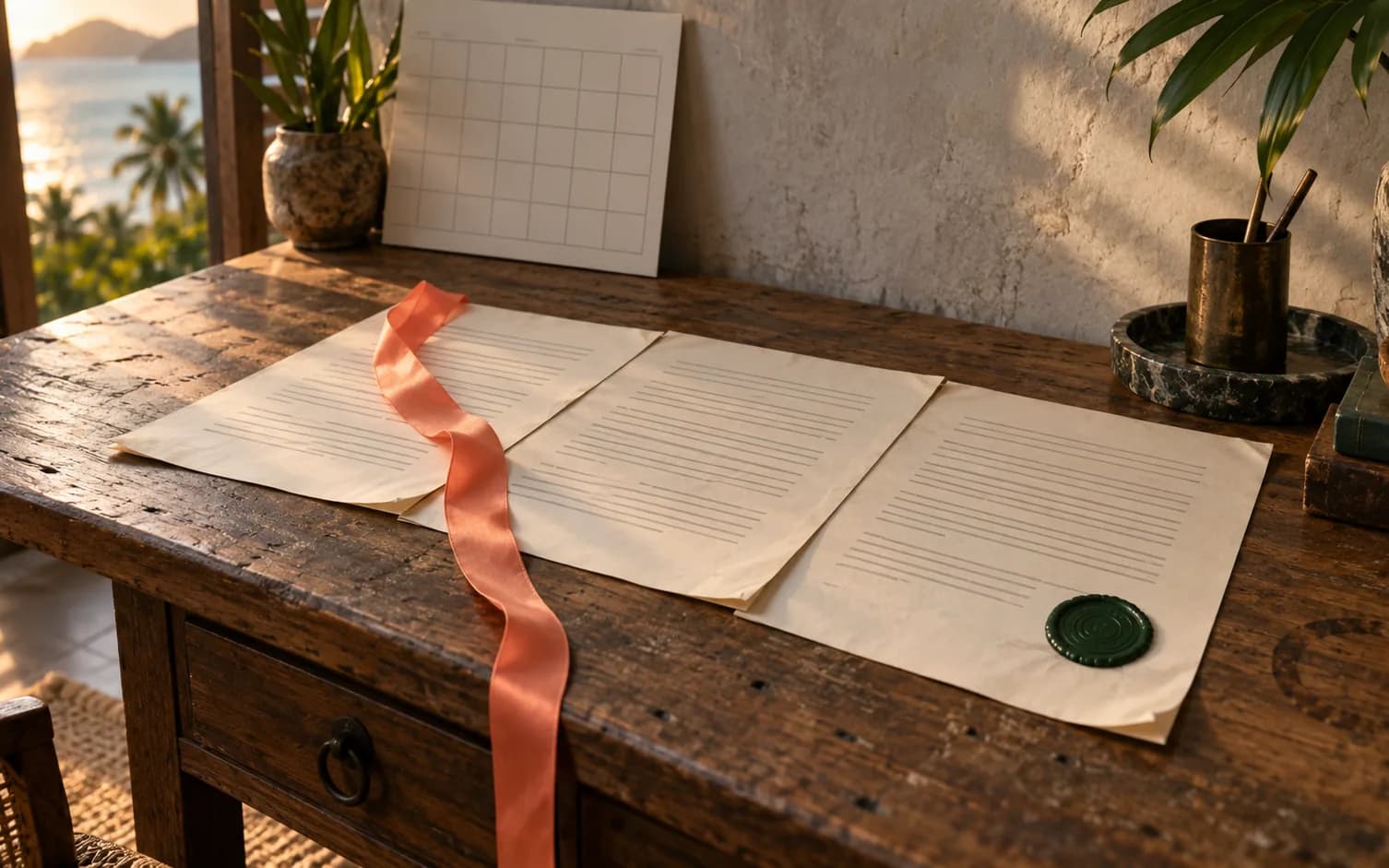 Three pages of a lease with a dark green wax seal and a coral ribbon, an empty calendar grid behind