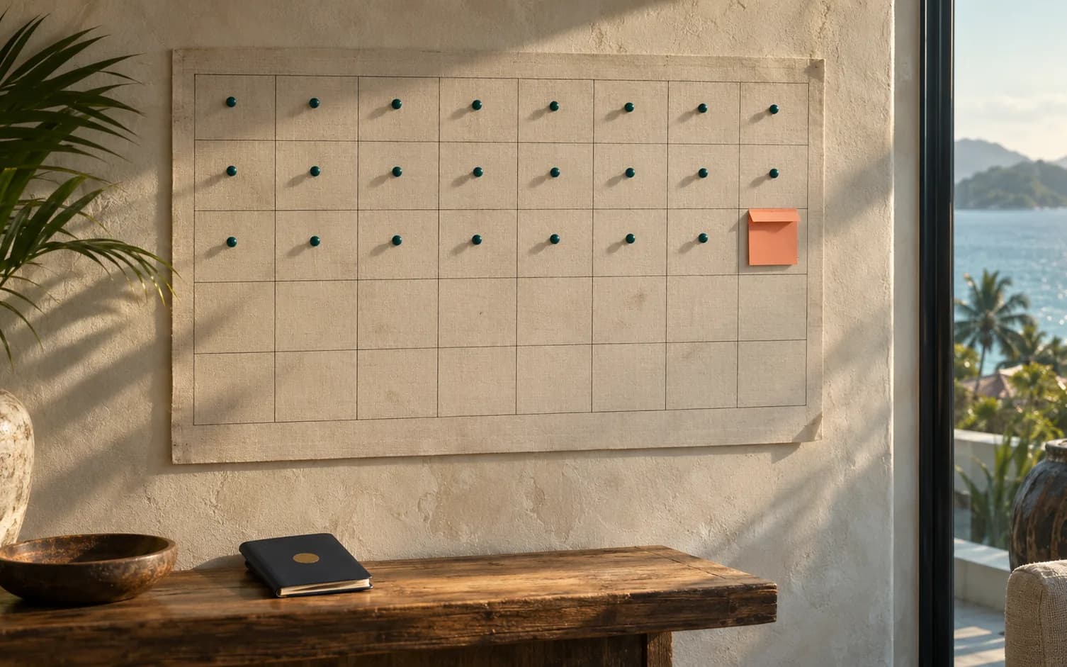 A wall calendar grid with turquoise pins on its days and one coral note, a passport on the table below