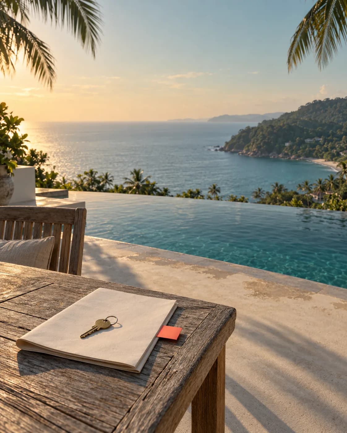 A villa terrace on a Phuket hillside: the pool edge, a teak table with a folded contract and a key, the sea and a green headland beyond