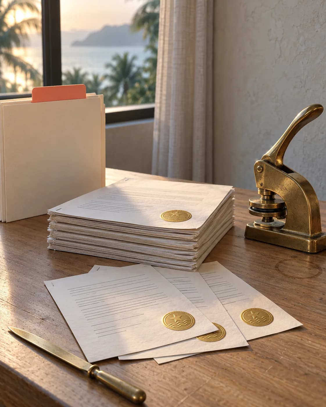 Stack of documents with embossed foil seals without text, a brass press and a folder with a coral tab