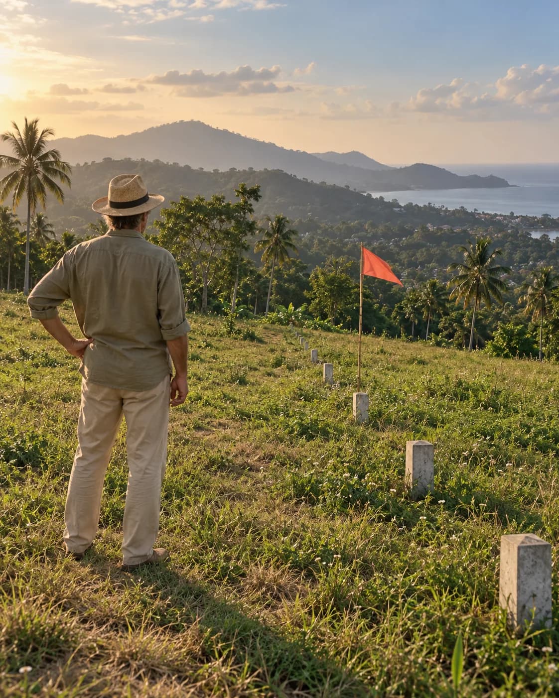 A man in a straw hat, from behind, looks at a hillside plot with boundary markers and a coral flag