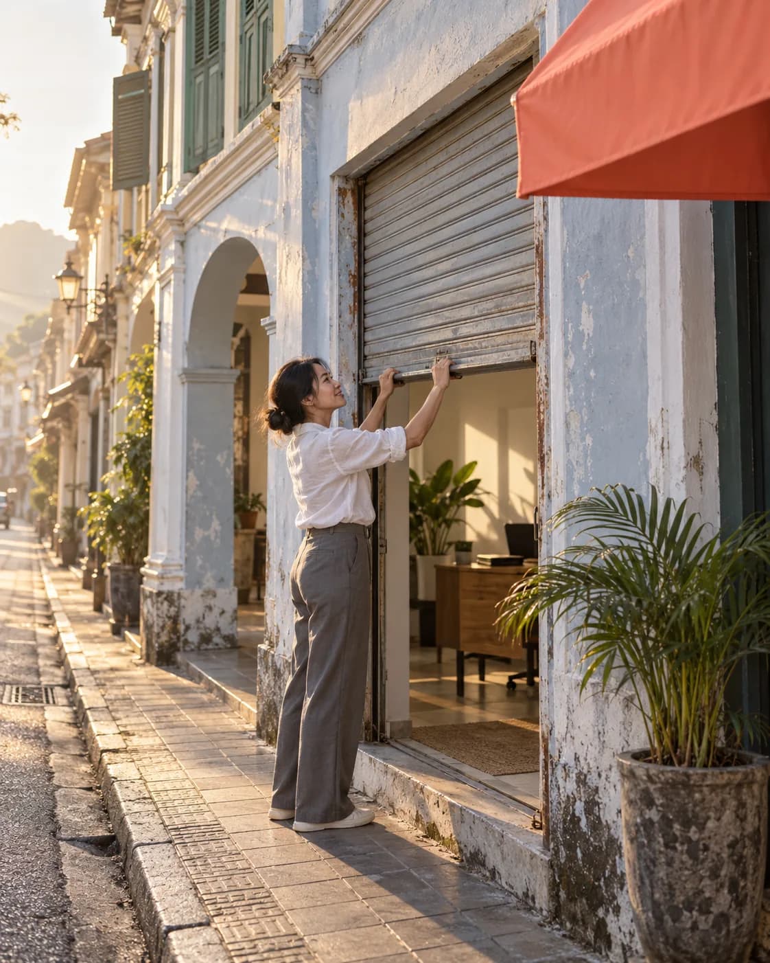 A Thai woman in her thirties raises a shophouse shutter at dawn, with a coral awning at the frame's edge