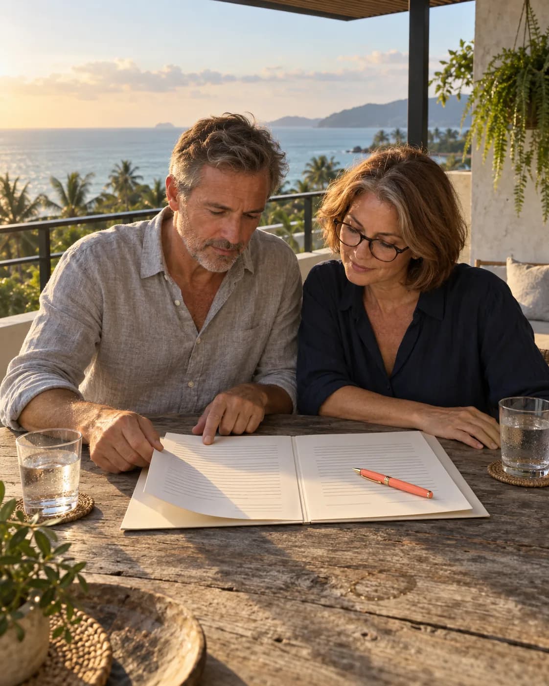 A couple in their fifties at a teak table on a condo terrace, an open lease folder and coral pen