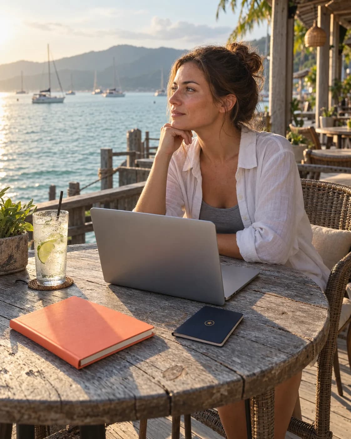 A remote worker in their thirties at a seaside café table, closed laptop, smooth-cover passport and a coral notebook