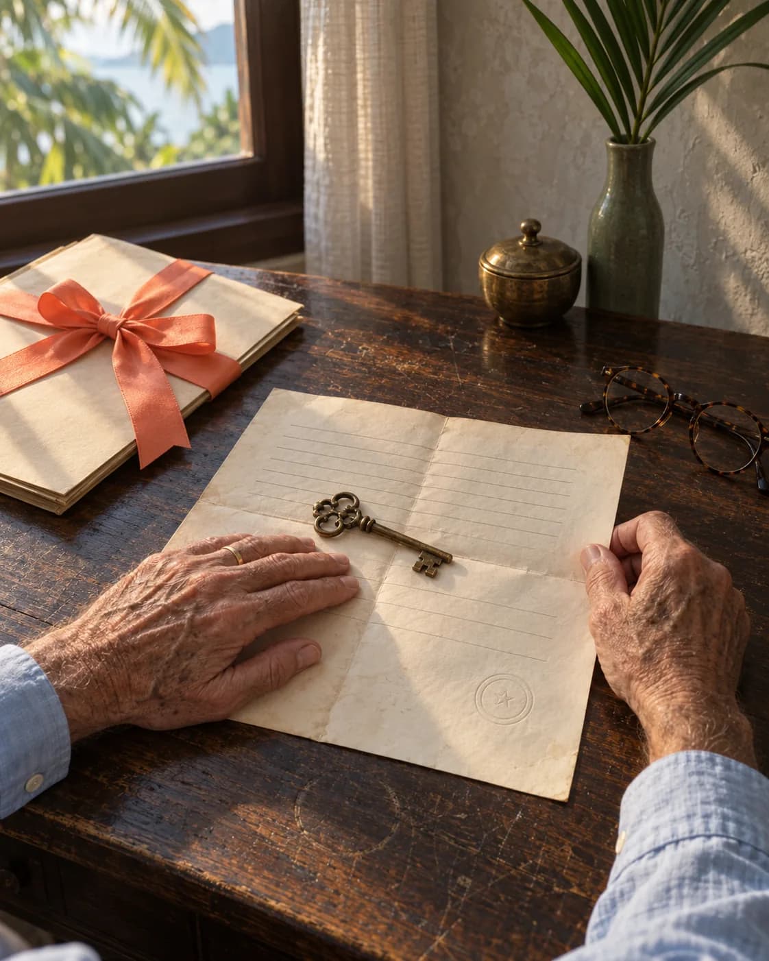 An older man's hands rest over a family document and an old brass key, a coral ribbon on the folder
