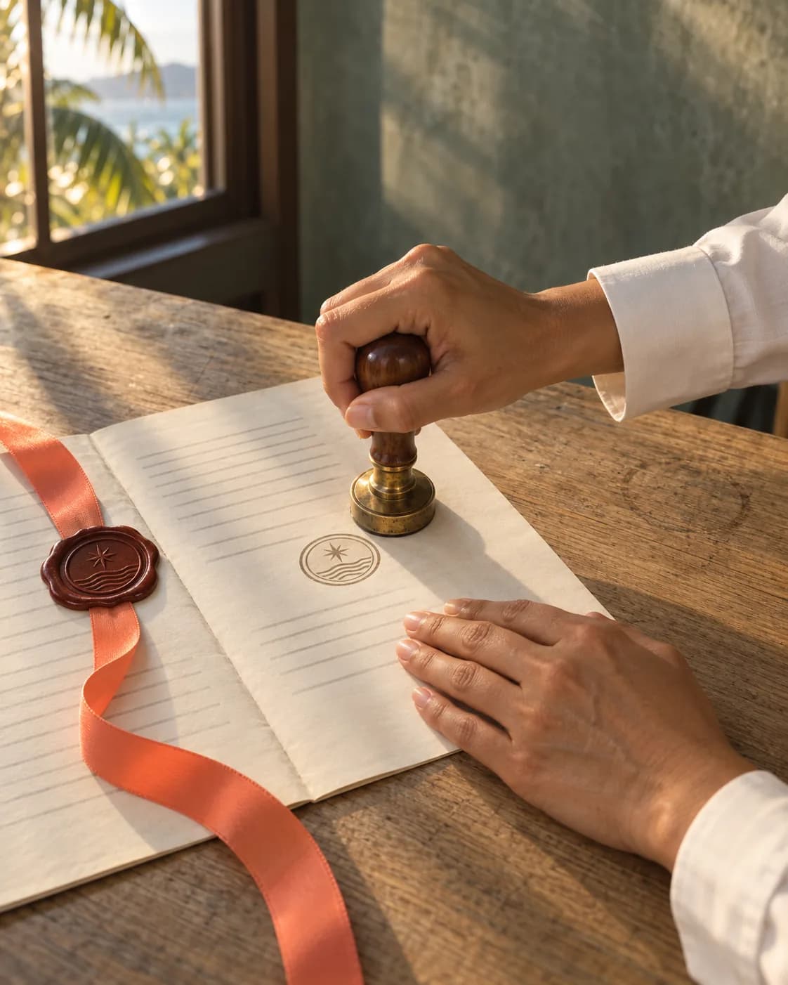 Hands press a stamp with a geometric emblem onto a page beside a red wax seal and a coral ribbon