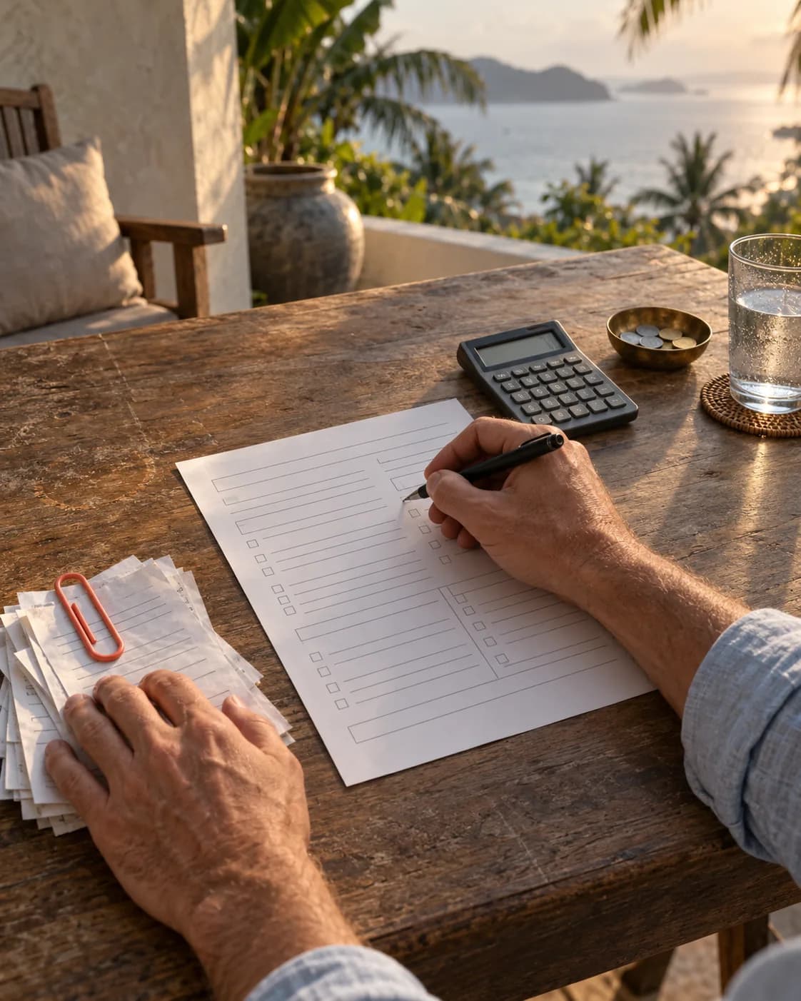 Hands fill in a checklist beside a calculator and coins; a coral paper clip holds a stack of receipts