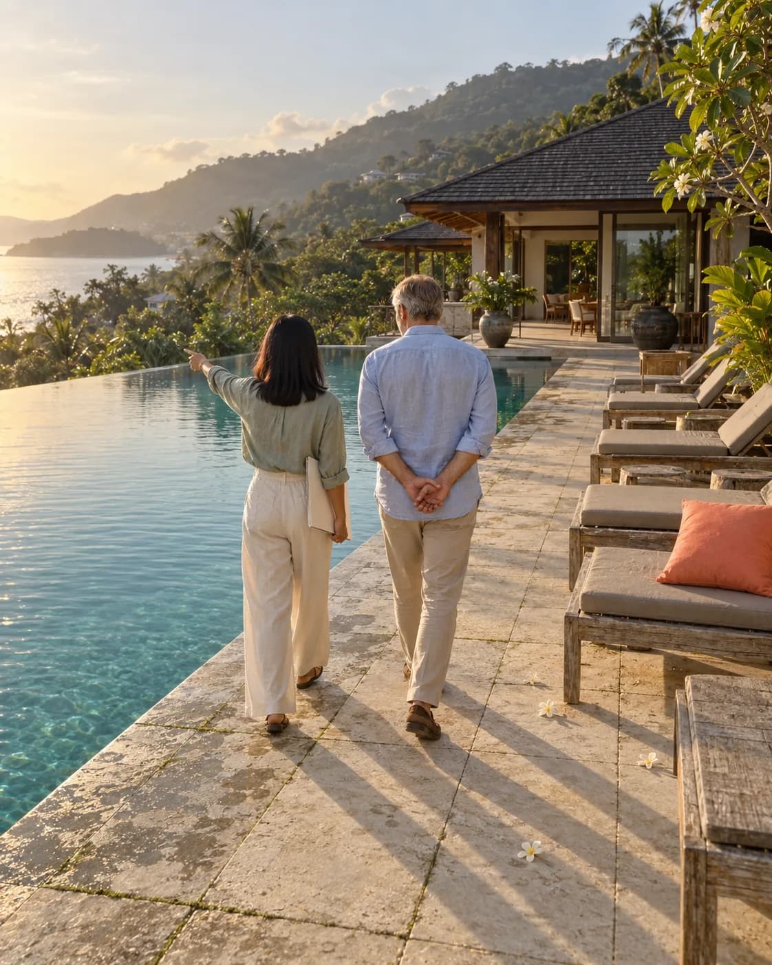 A man and a Thai consultant walk along a villa pool, seen from behind; a coral cushion on the lounger