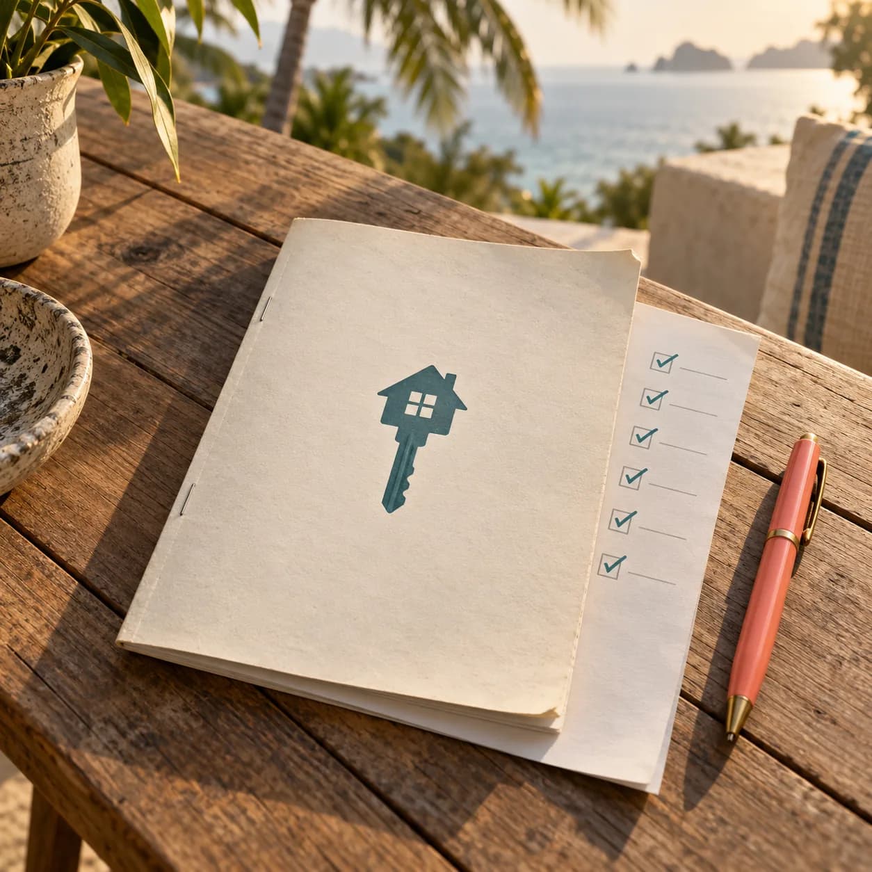 A buyer's checklist booklet with two pages fanned out, ticked boxes, a pen beside it and a house-key icon on the cover