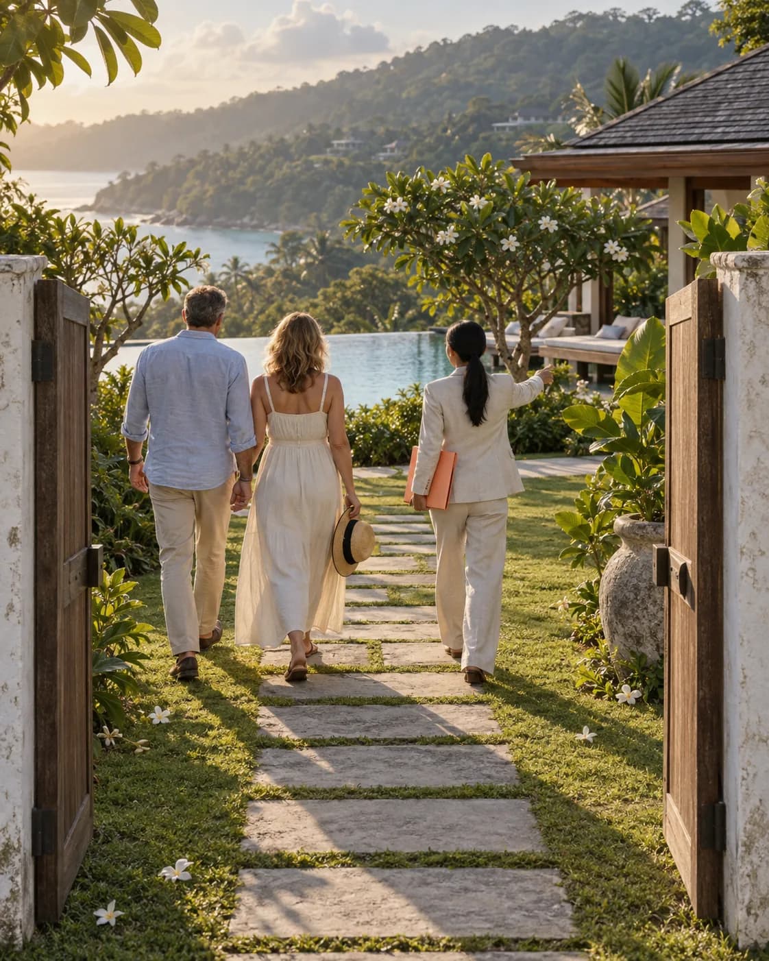 A couple and a property consultant walk away from the camera along a stone path through a villa gate toward the pool