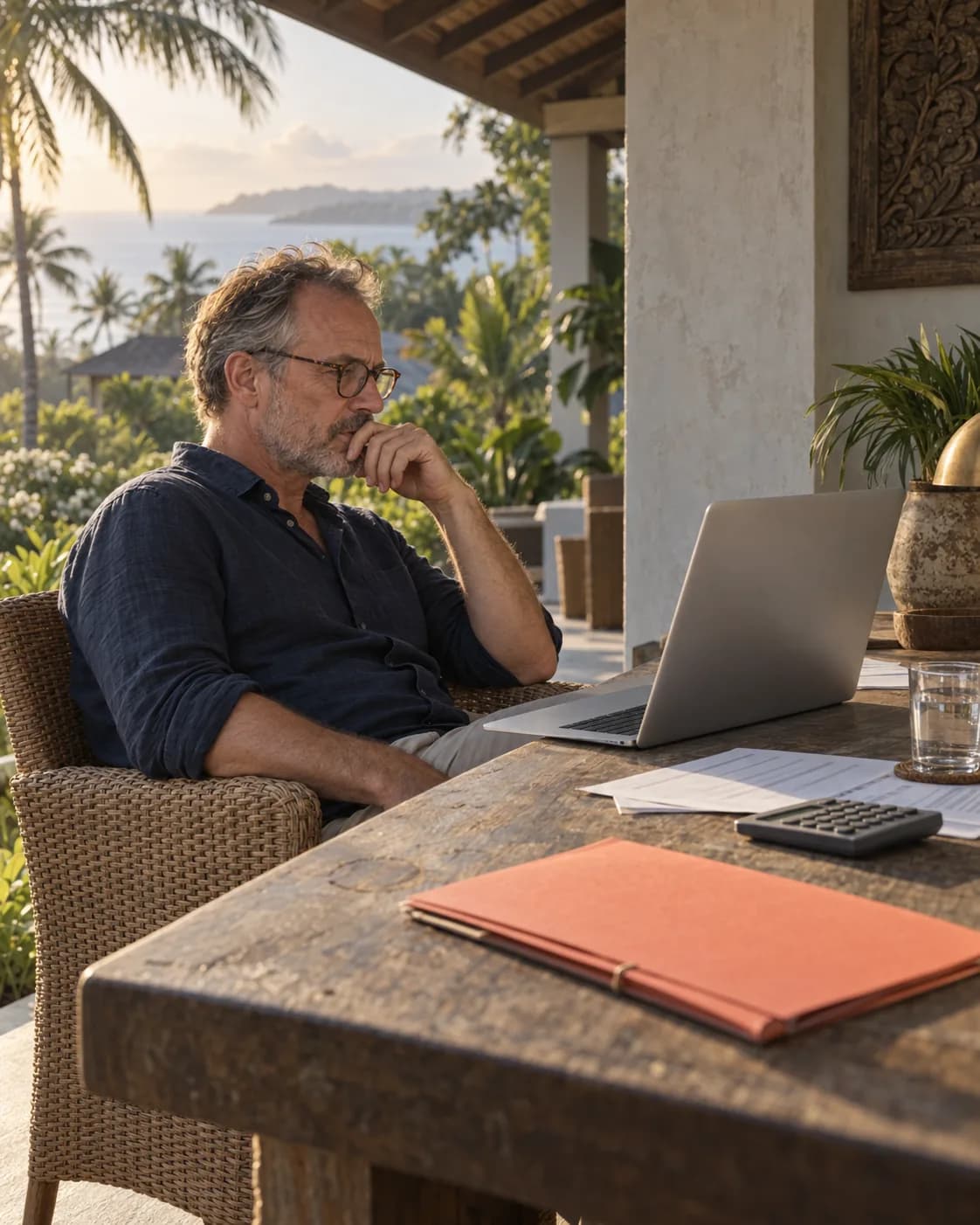 A man sits thoughtfully at a teak desk on a terrace with a laptop, a calculator and papers