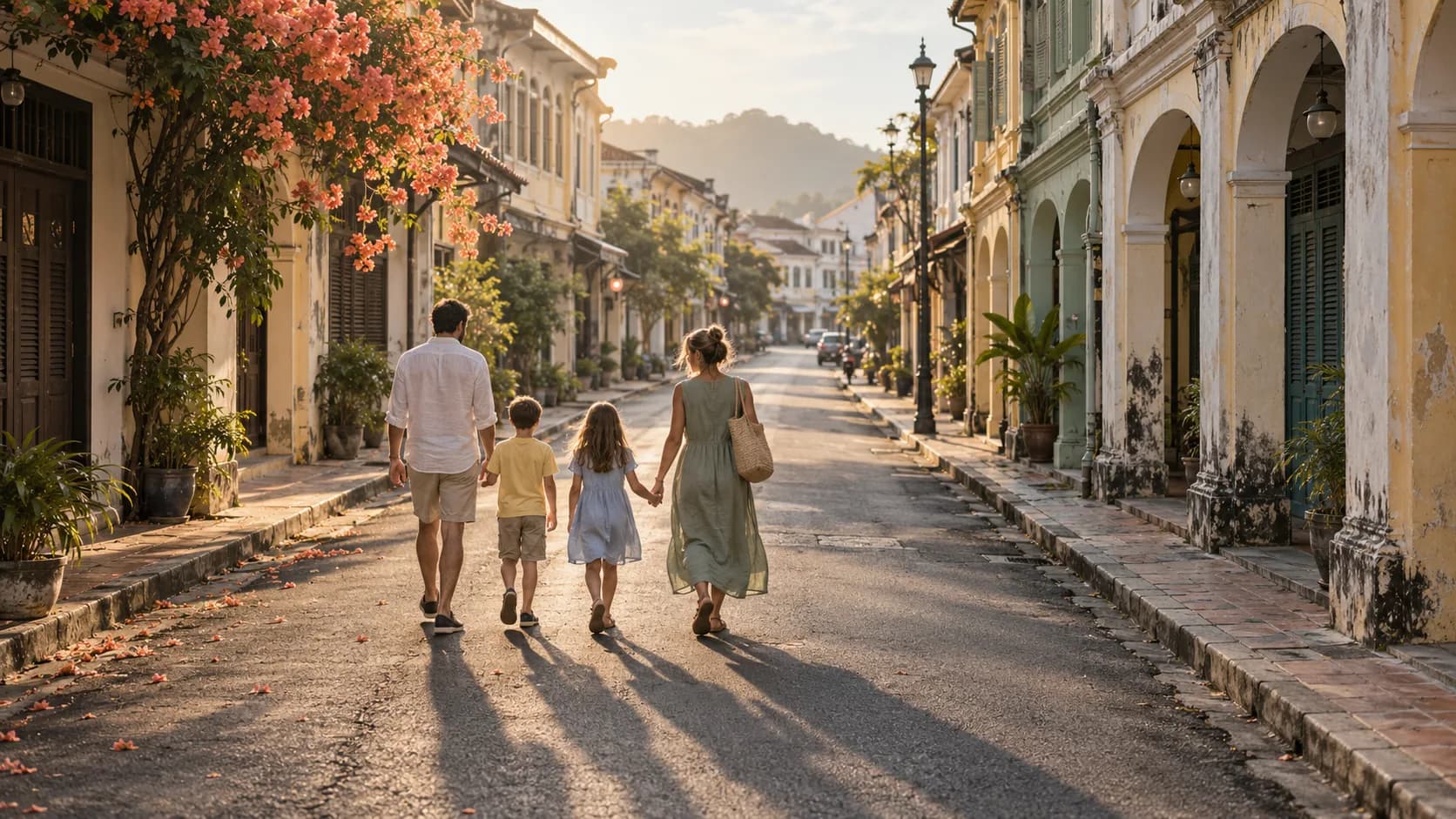 A family of four walks away along a street of Sino-Portuguese shophouses in Phuket Old Town under blooming bougainvillea