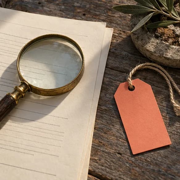 A document under a magnifying glass with a price tag