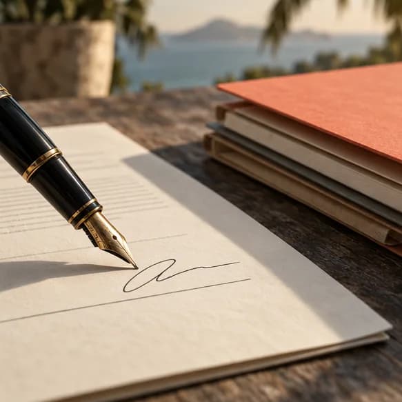 A fountain pen signing a contract next to a stack of folders