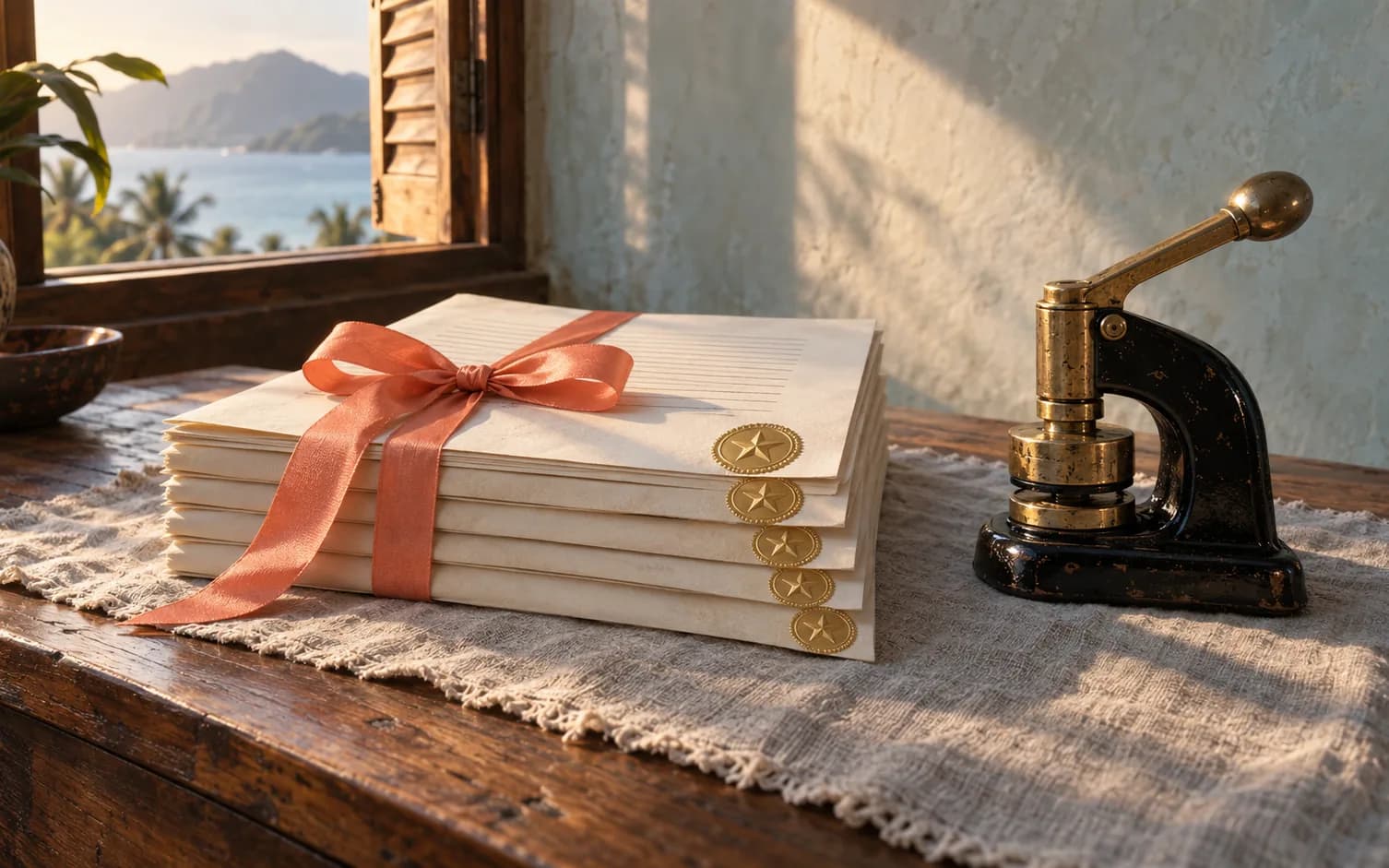 Embossed foil seals without text on a stack of documents, a brass press and a coral ribbon beside them