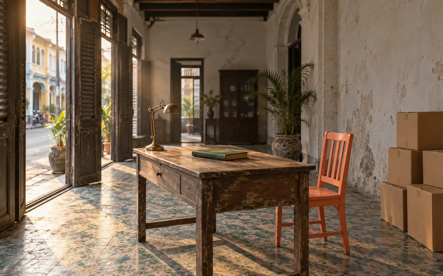 Interior of a shophouse being fitted out: cardboard boxes, a desk with a ledger and a coral chair