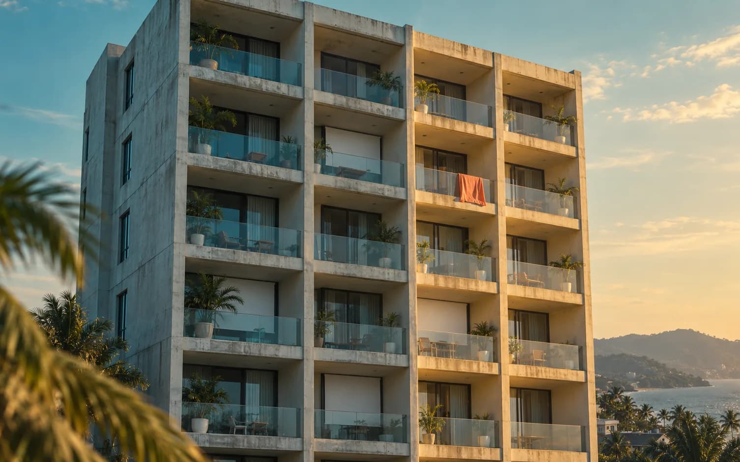 Condo facade with rows of balconies, half in sunlight, and a coral towel hanging from one balcony