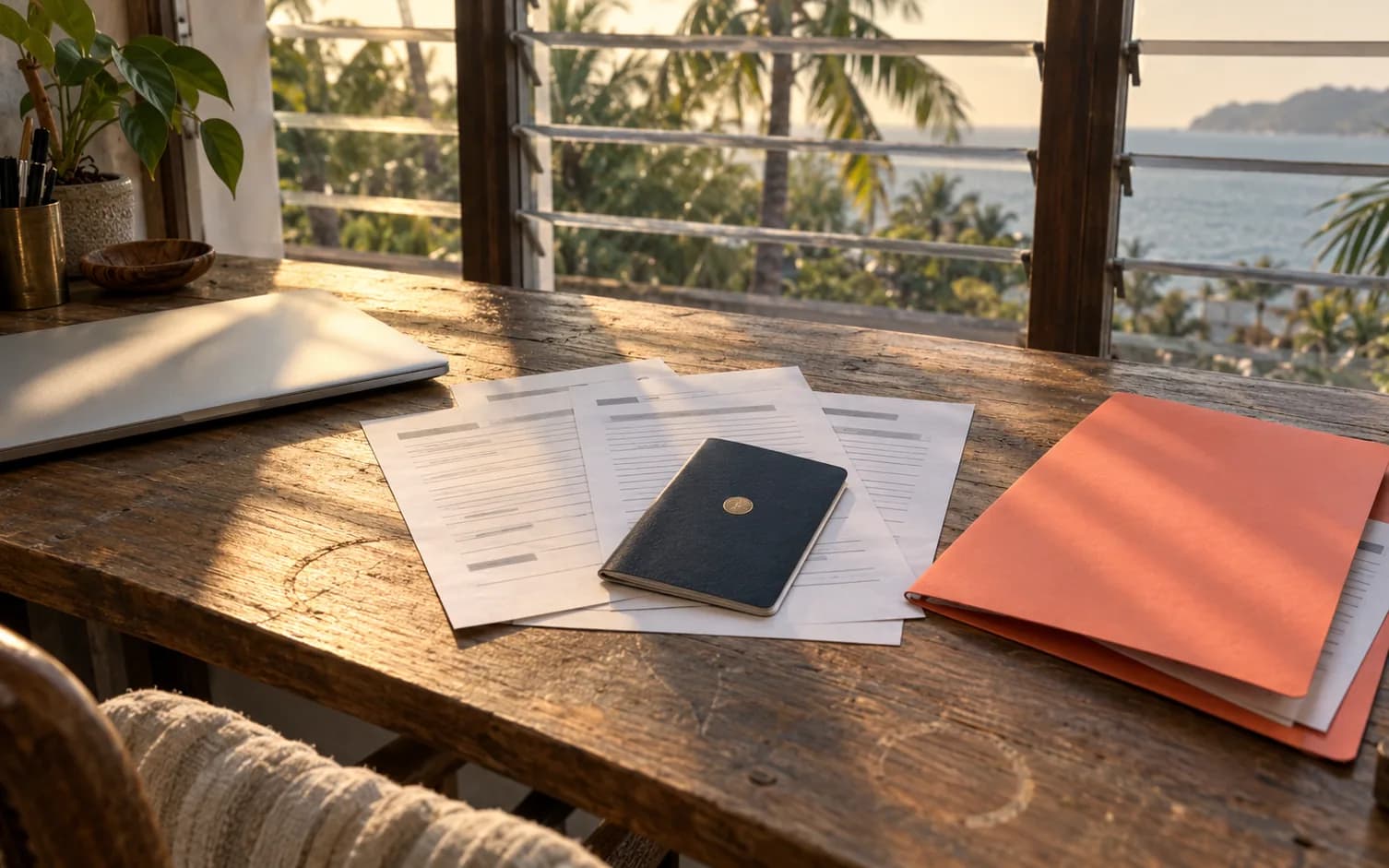 A desk with a passport, bank statement sheets, a coral folder and a closed laptop in tropical window light