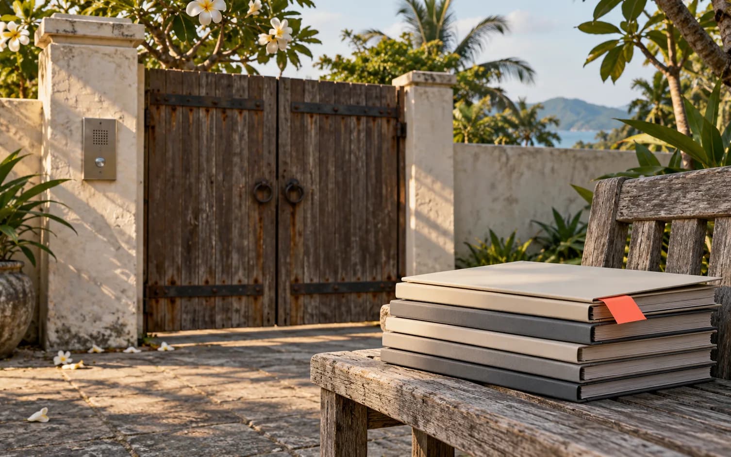 Villa gate with an intercom beside a limewashed wall; stacked folders with a coral tab on a bench