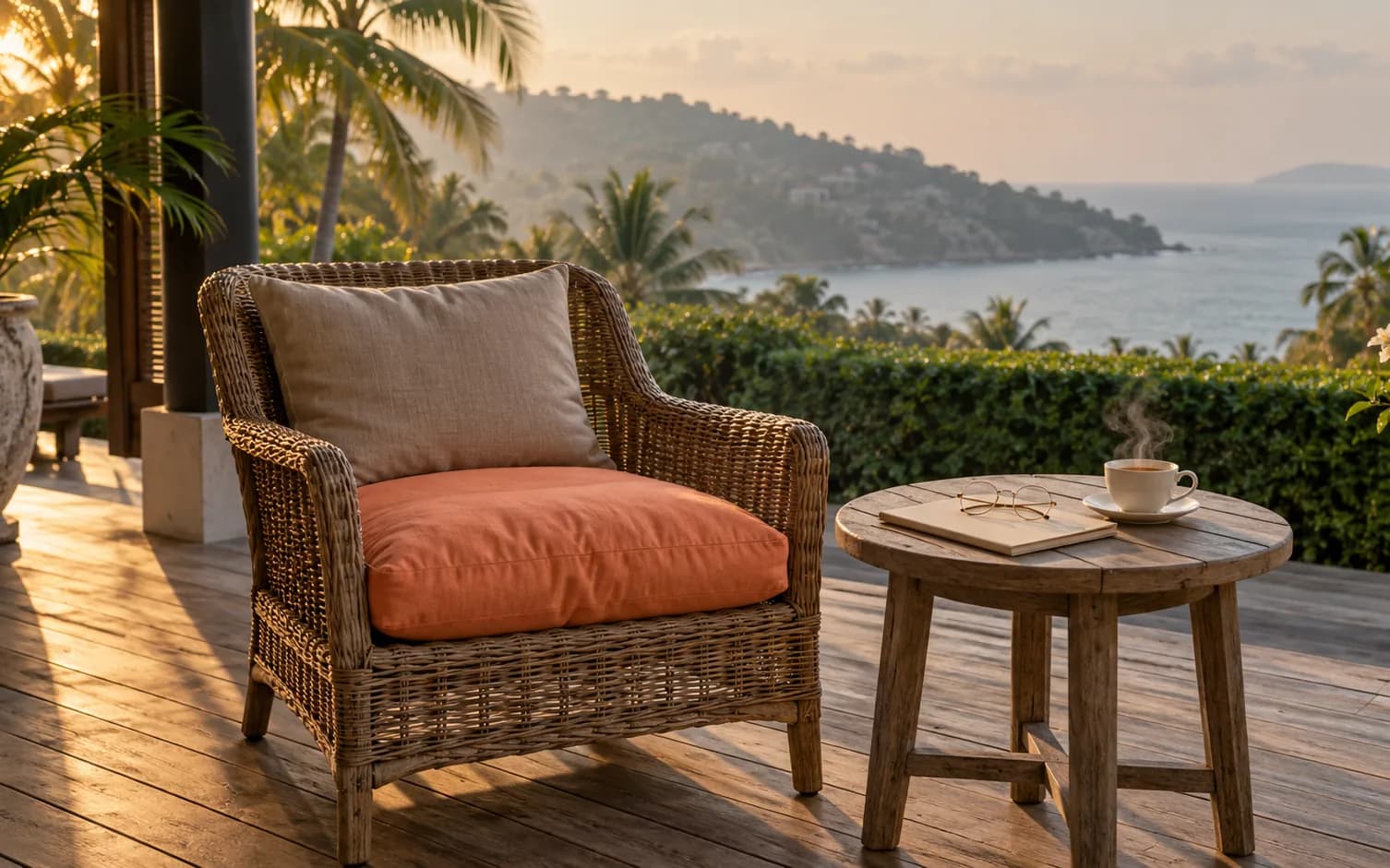 A golden-hour terrace with a rattan chair, a coral cushion, glasses on a folder and a cup of tea