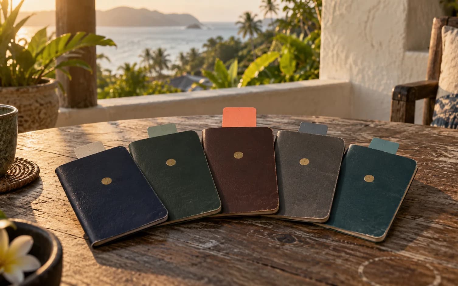 A fan of smooth passport covers with coloured bookmarks, one of them coral, on a wooden table