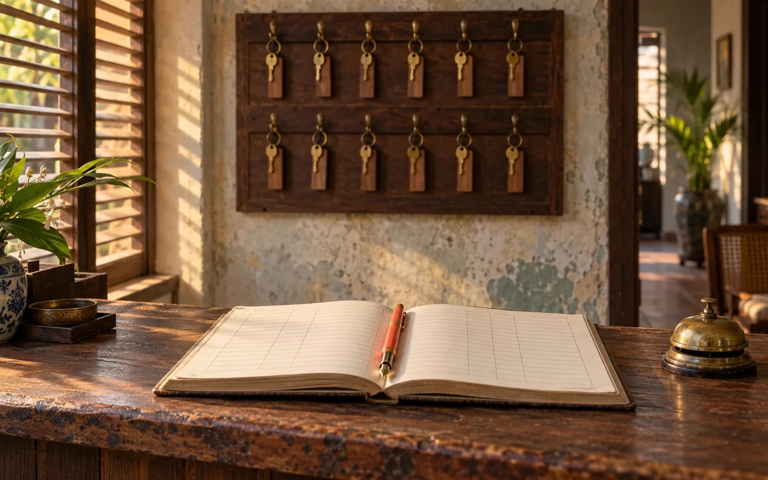 A small guesthouse reception desk with a key box, a guest register and a coral pen