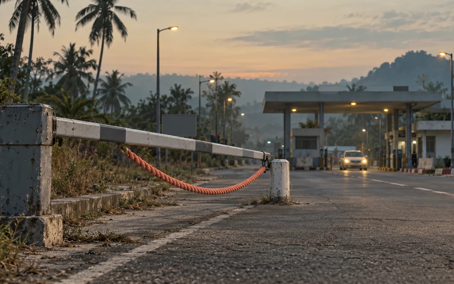 A road to a border checkpoint at dusk, with a taxi and a coral rope on the barrier