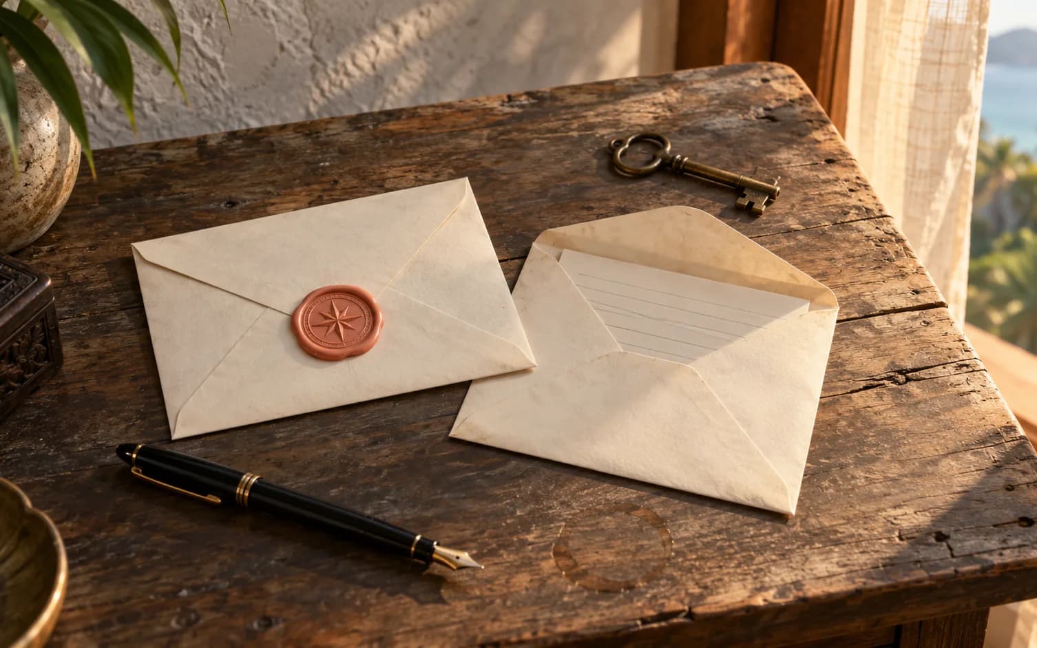 Two envelopes, a fountain pen and a brass key on a table, one envelope sealed with a coral wax seal