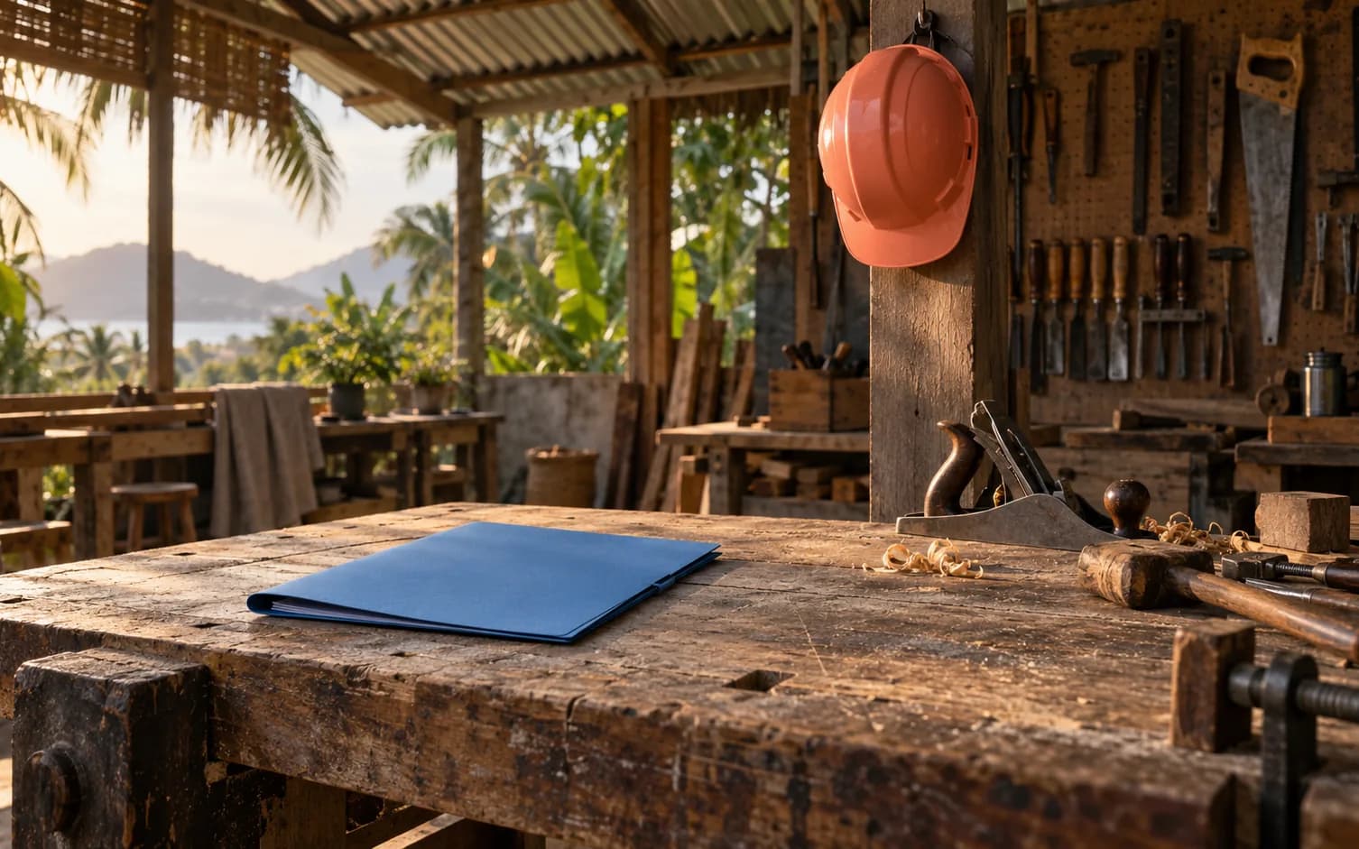 A workshop with a workbench, a plain blue folder on it and a coral hard hat hanging from a hook