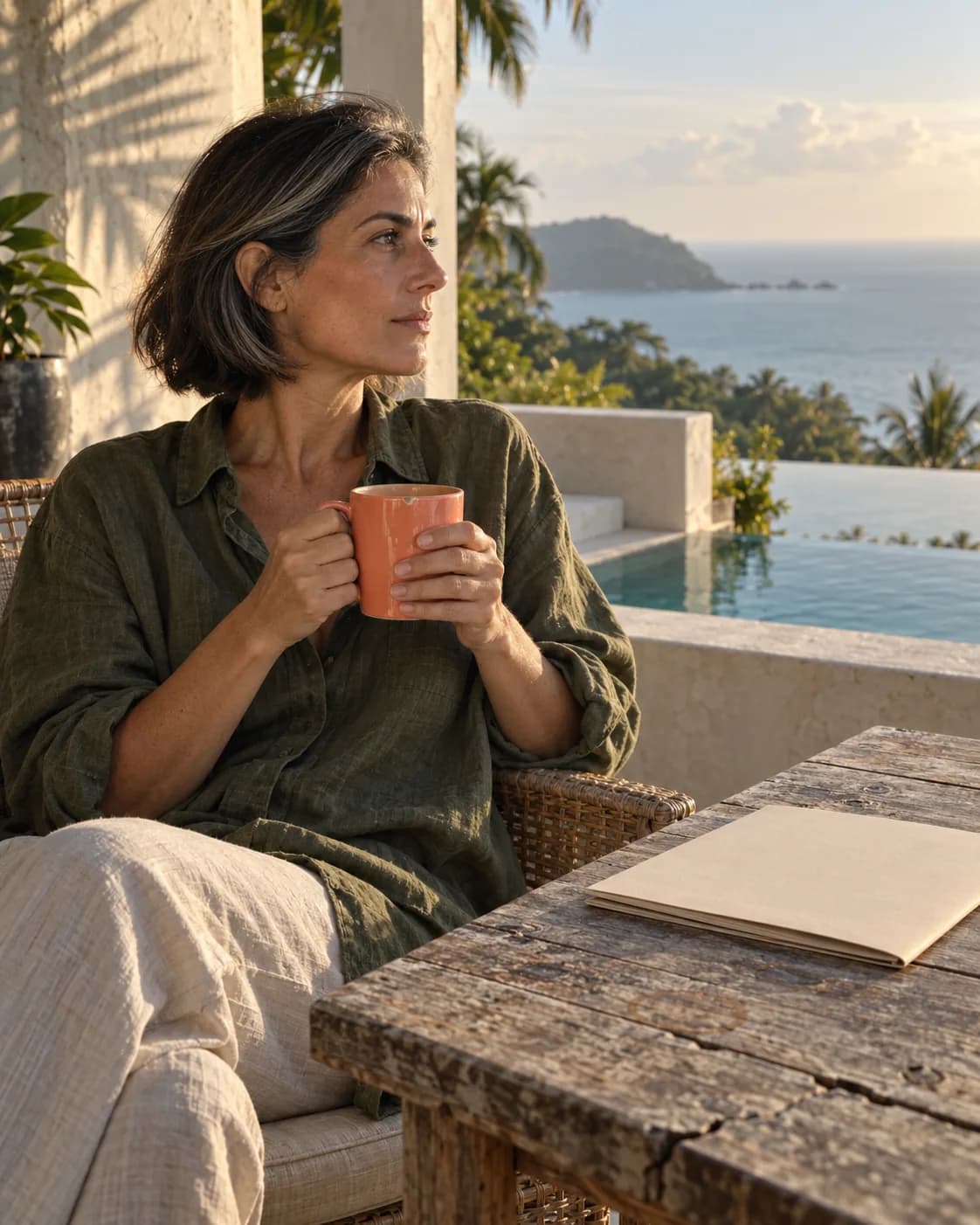 A woman on a quiet terrace holds a coral mug and looks at the sea, a folder on the table