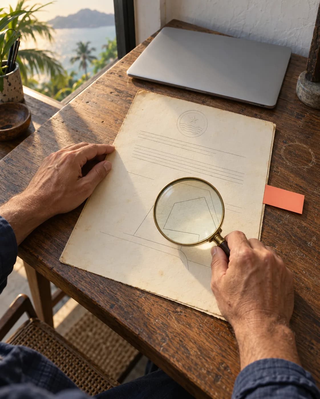 Hands holding a magnifying glass over a land title, closed laptop and coral bookmark beside it