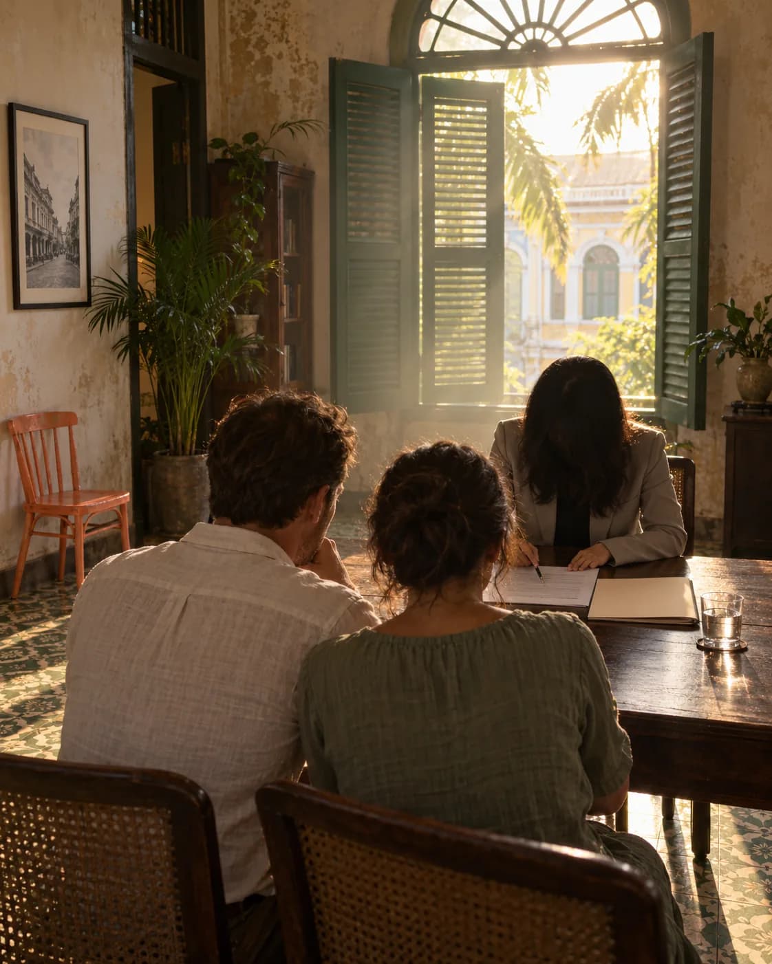 Couple seen from behind at a table opposite a lawyer who looks away, Old Town window light, a coral chair