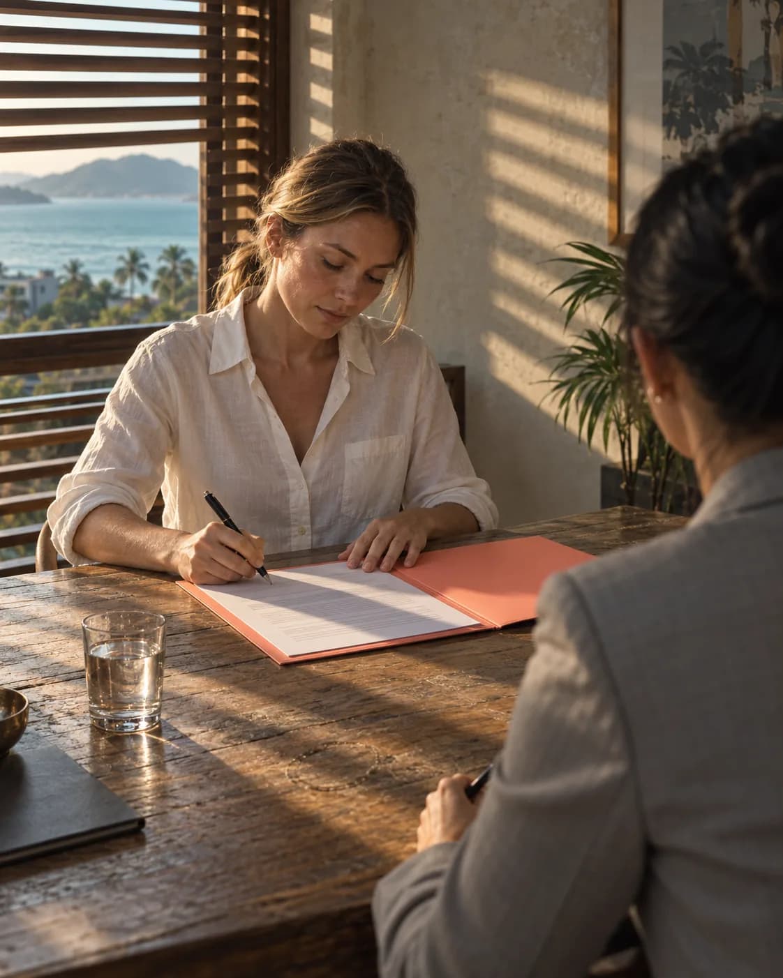 A client signs a document in a coral folder at a teak table; the lawyer opposite is turned away