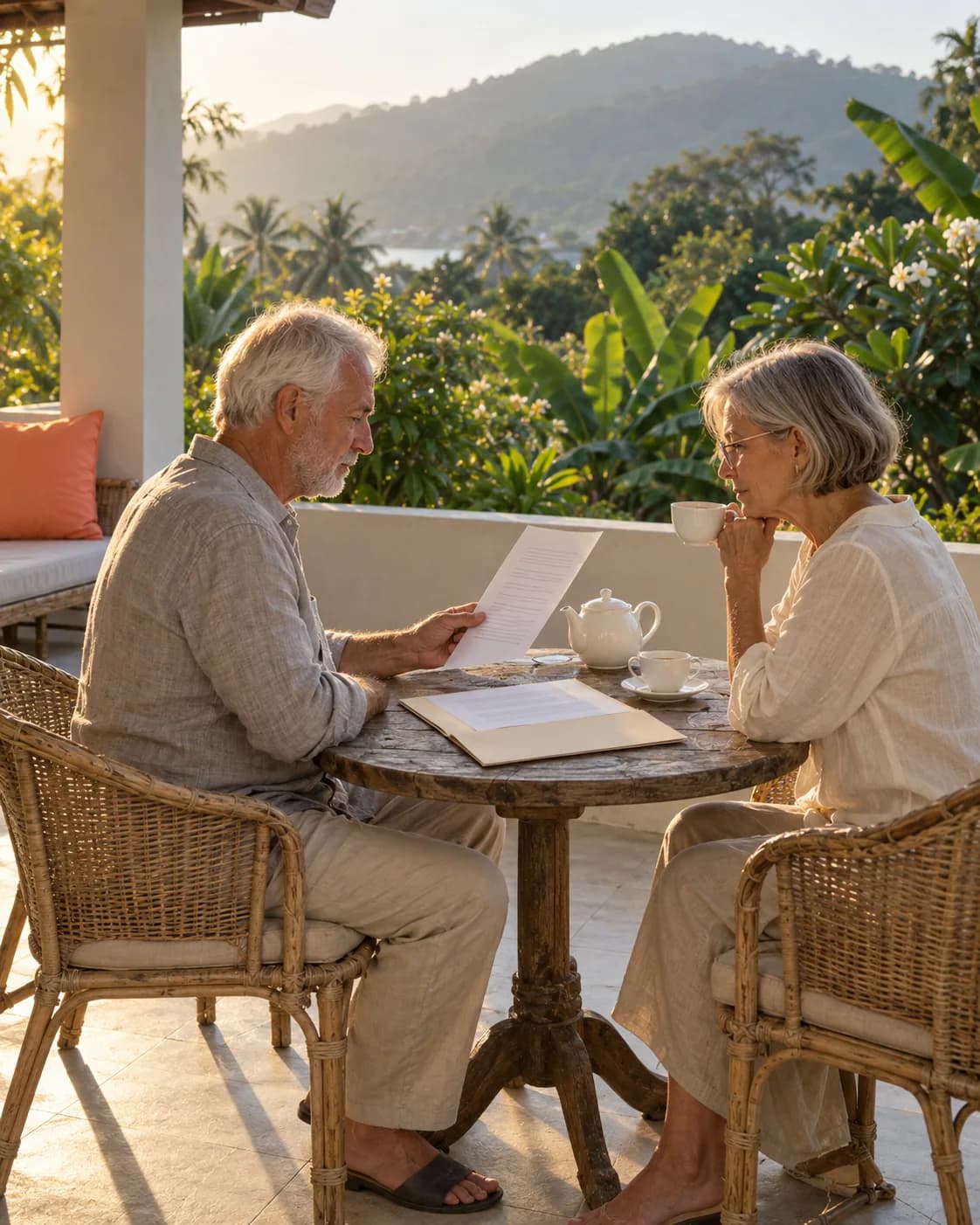 A couple in their sixties drinking tea on a terrace, with a document folder and a coral cushion