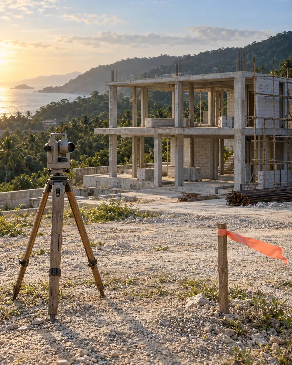 A villa frame under construction on a hillside above the sea, a surveyor's tripod and a stake with coral tape