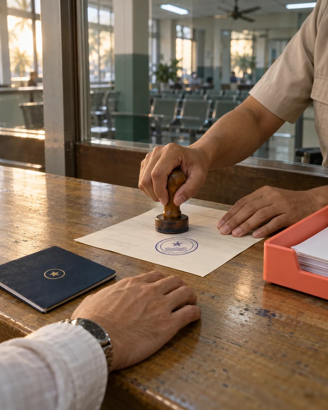 An officer's hands stamp a passport page at an immigration counter, a closed passport and a coral tray nearby