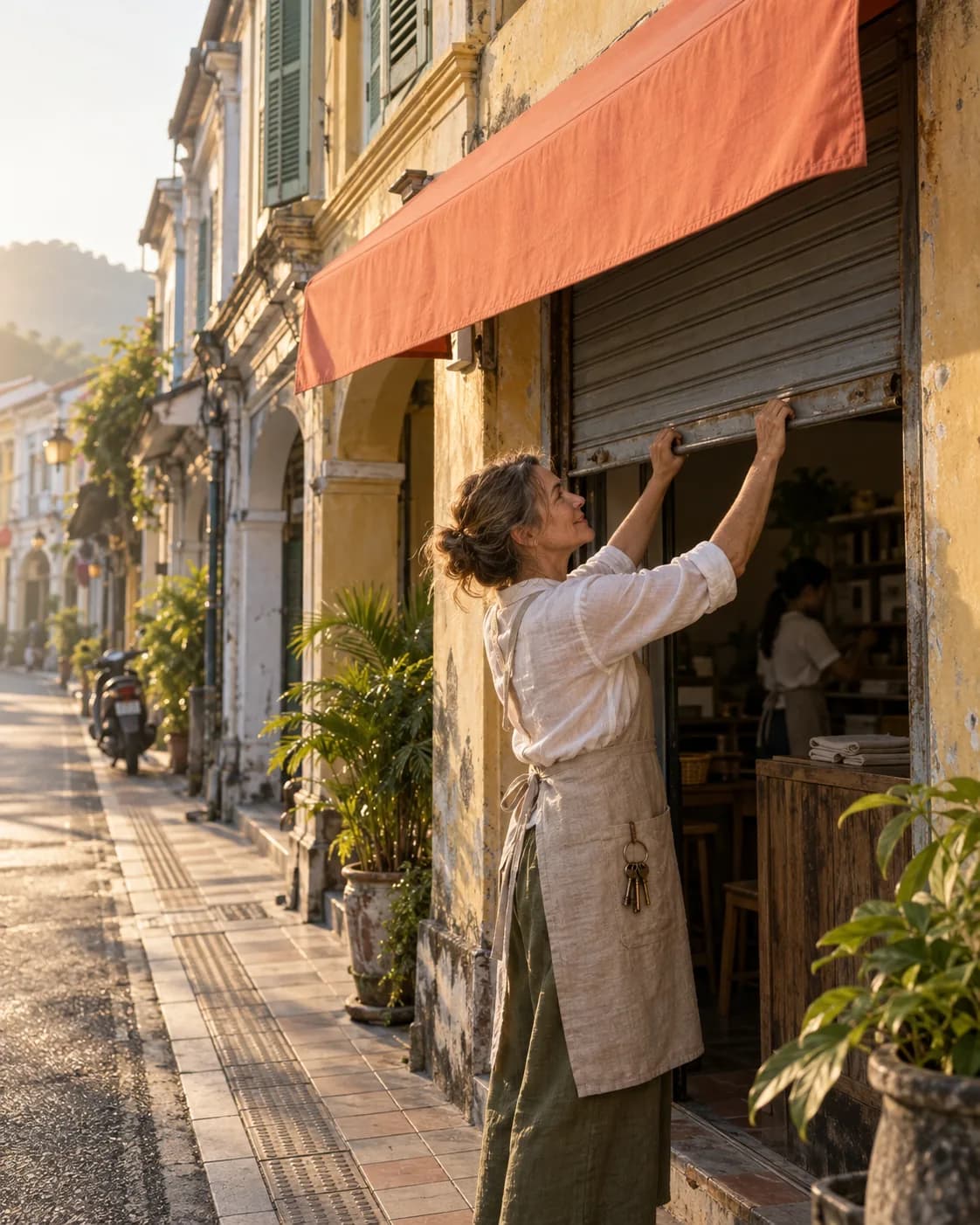 A woman raises the shutter of a small shophouse in Phuket Old Town under a coral awning in the morning light