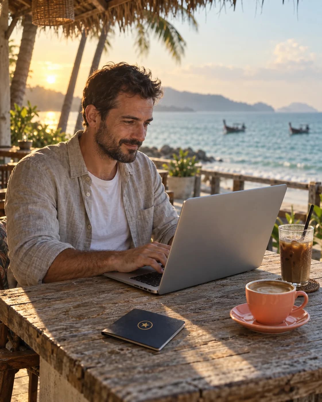 A man works on a laptop at a beach café table with a passport and a coral coffee cup, the sea and longtail boats behind him