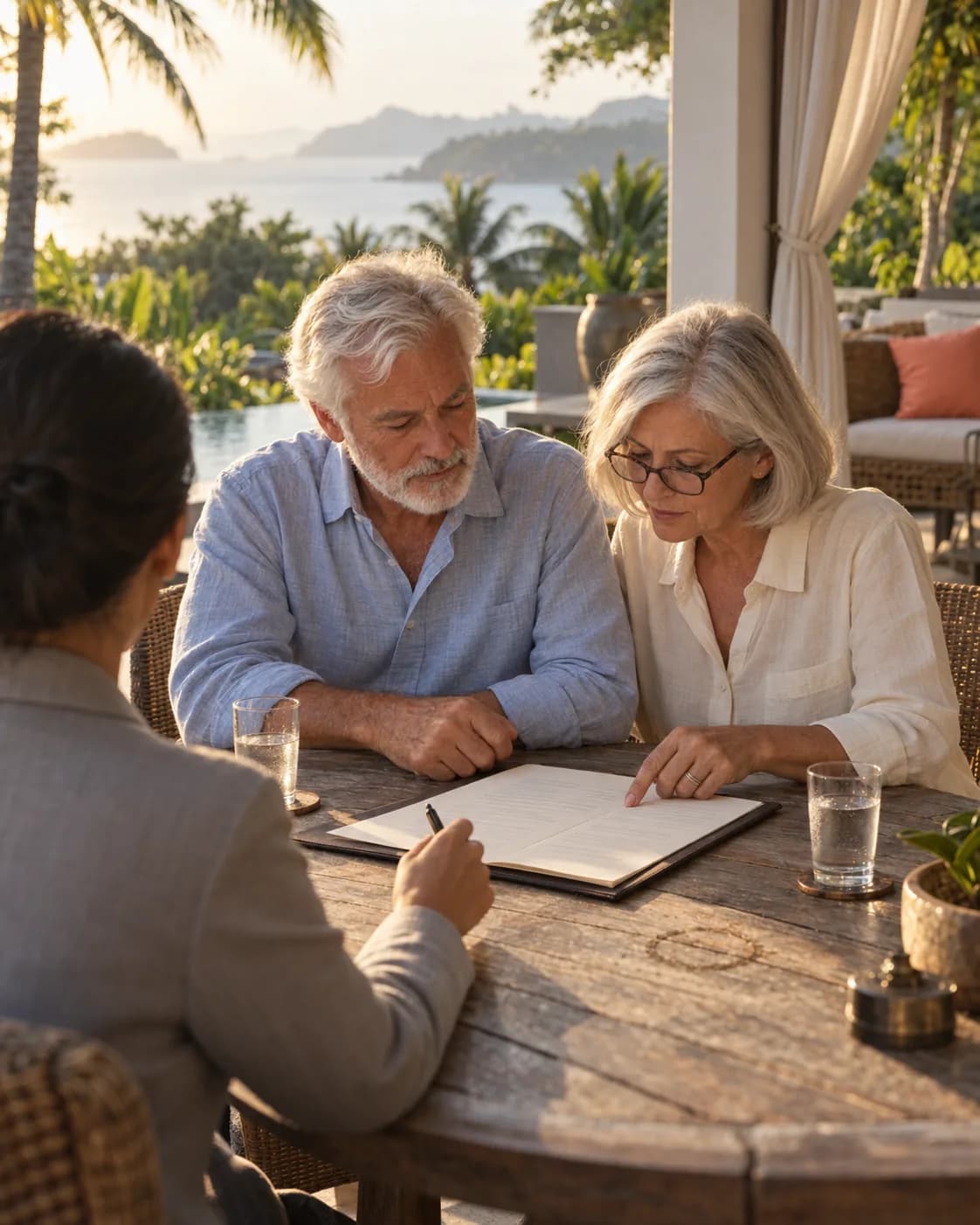 An older couple review documents at a terrace table with a lawyer who is turned away, warm evening light