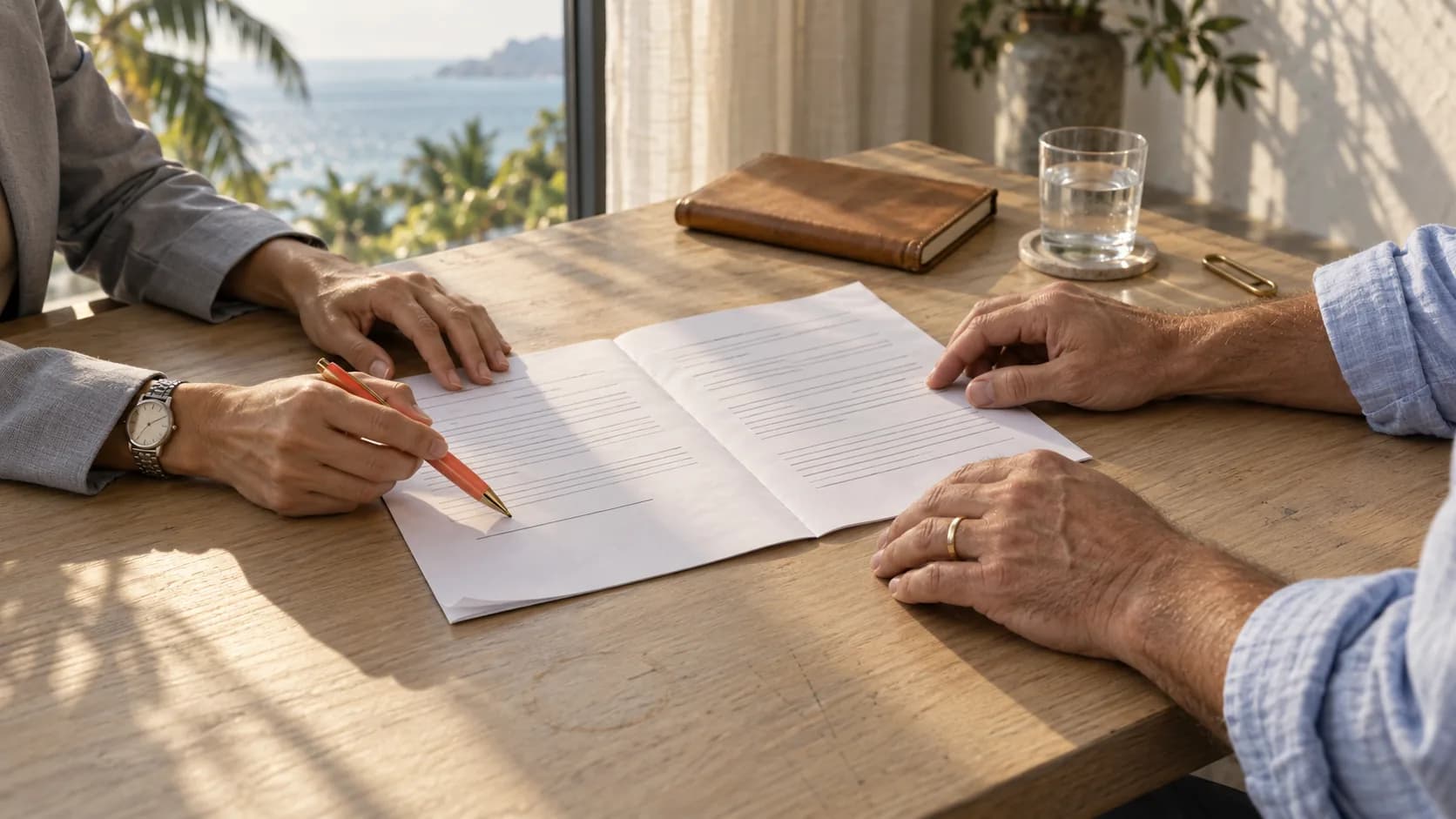 A lawyer's hand with a coral pen points at a contract while the client's hands rest on the desk in window light