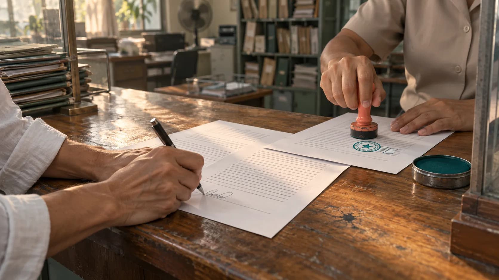 A client signs a document at a government office counter while an official's hands press a stamp onto a second page